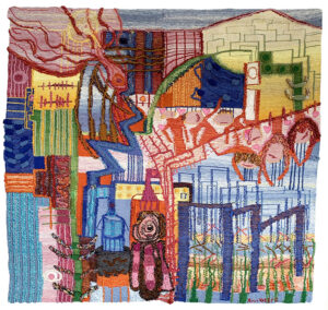 Bilden utgår från en skiss om ett nybygge i Stockholm som sedan utvecklades intuitivt till ett bildväv