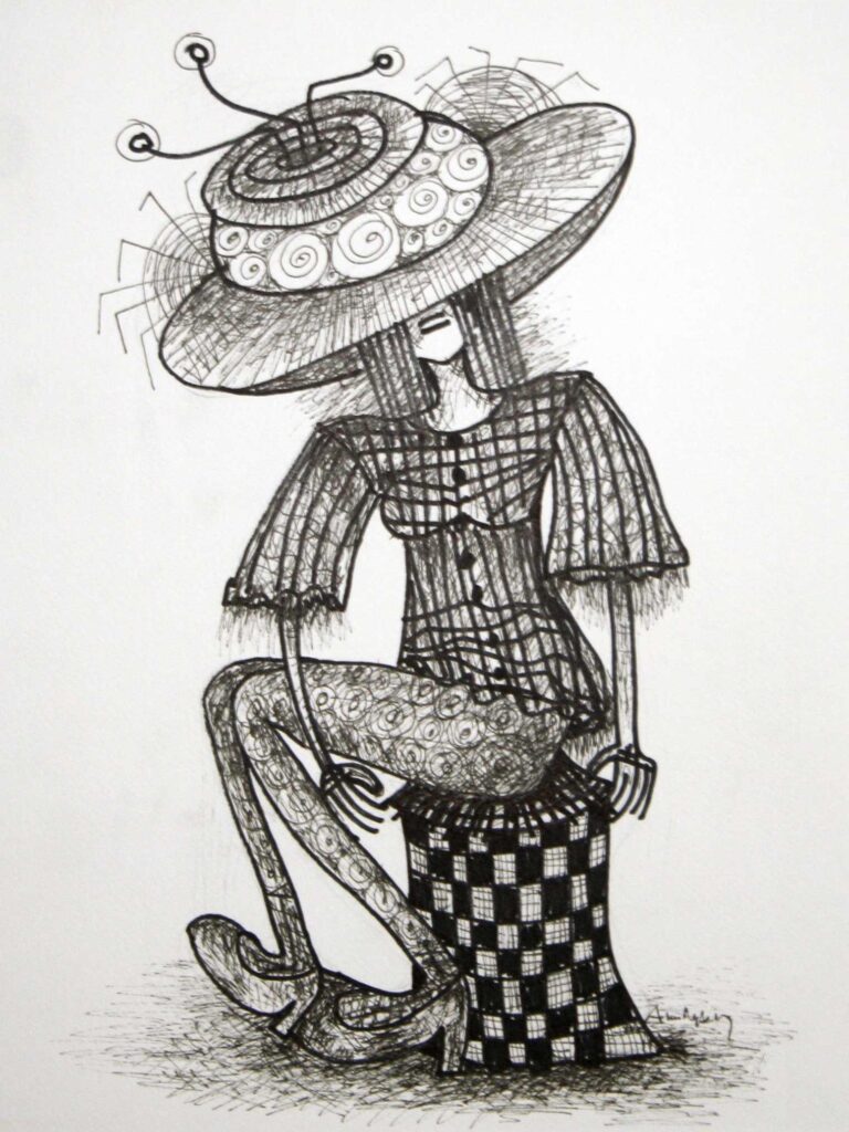 Teckning av modell sittande med hatt